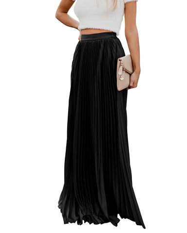 utcoco Women's Elegant Maxi Skirt High Waisted Pleated Chiffon Long Skirts for Women (medium, Black)