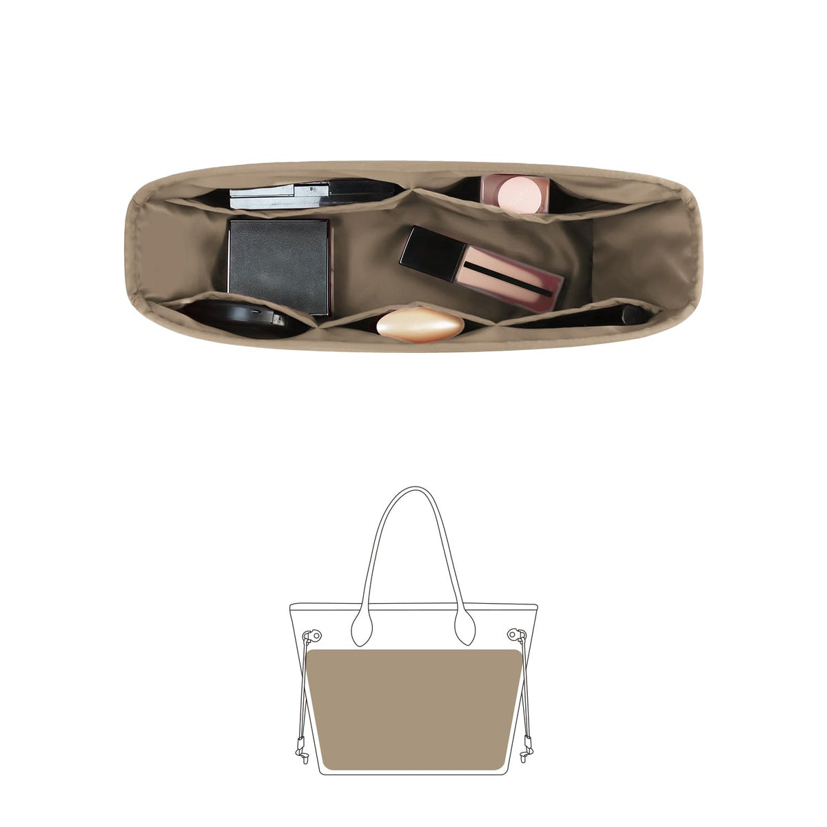 KINGS IN BAG Organizer for LV Neverfull PM/MM/GM Tote Bags, Purse Bags Organizer with Silky Satin, Lightweight Shaper for Daily Use, 6 Pockets Large Capacity (Neverfull PM, Gris Tourterelle)
