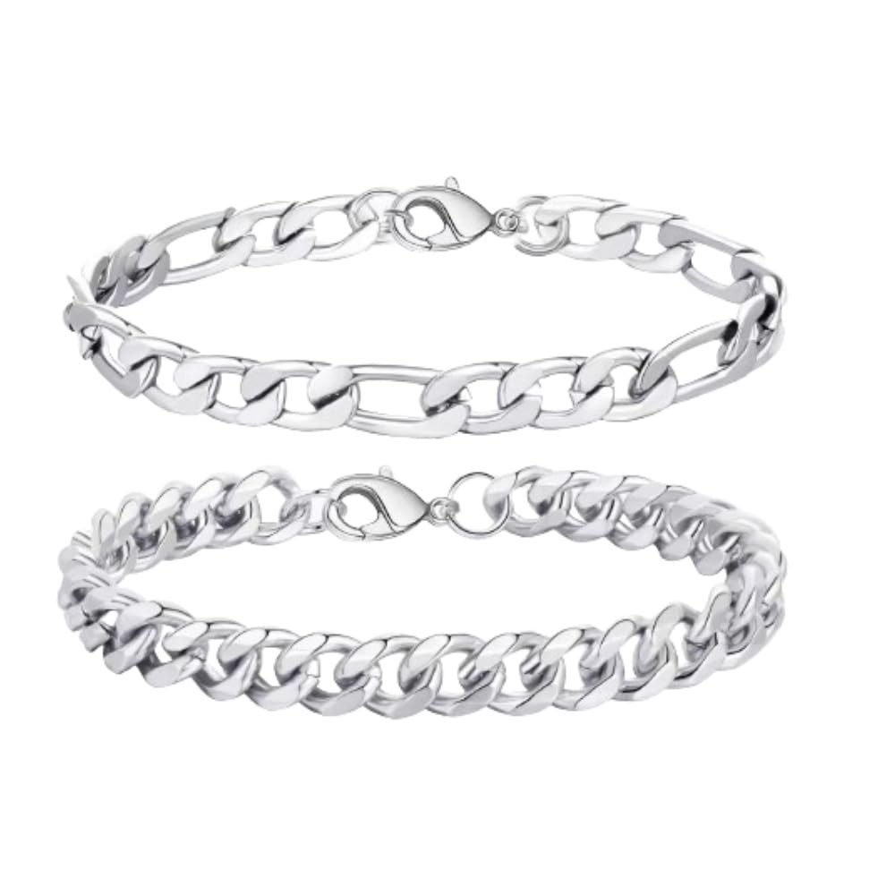 Hilufiet 2 Pcs Chain Bracelet 925 Sterling Silver Bracelet for Men 7-9inch Figaro Rope Cuban Link Bracelet Set for Men Husband-B