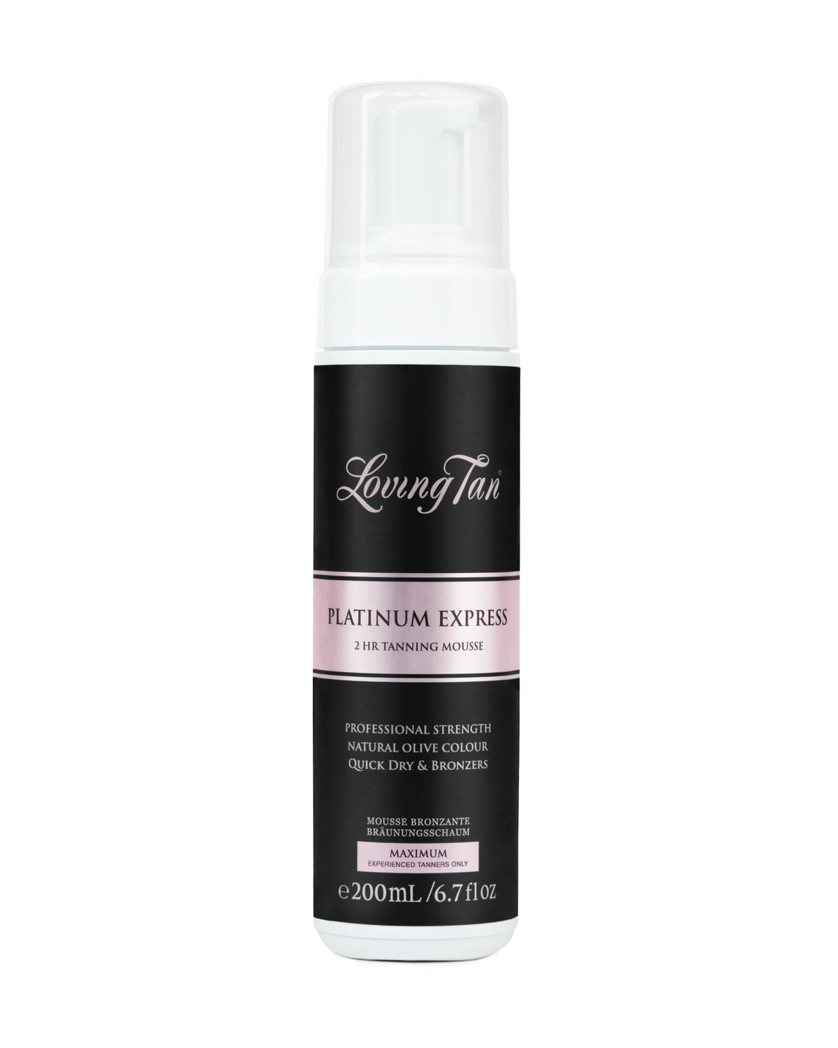 Loving Tan Platinum 2 HR Express Mousse, Darkest Shade Yet - Streak Free, Professional Strength Sunless Tanner - 10+ Self Tan Applications per Bottle, Cruelty Free, Naturally Derived DHA, 6.7 Fl Oz
