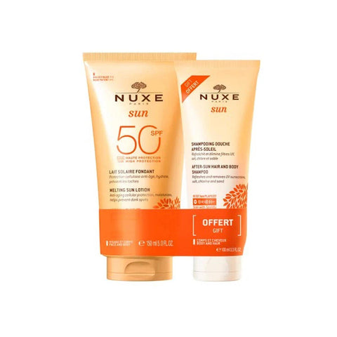 Nuxe Sun Melting Sun Lotion SPF50 150ml + Sun After-Sun Hair and Body Shampoo 100ml Free