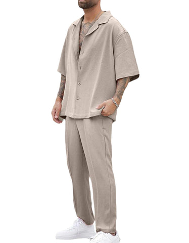 Men's Street Trendy 2 Piece Set Casual Loose Short Sleeve Shirt & Pants Tracksuit Set L Khaki