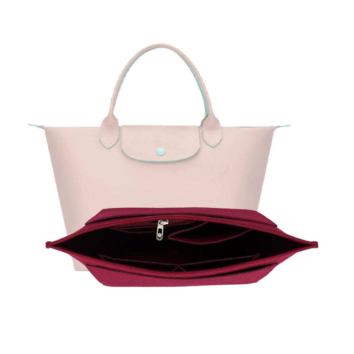 Purse Organizer, Multi-Pocket Felt Handbag Organizer, Folding Tote Bag organizer insert for Insert Wallet Organizer for Longchamp (Deep Red, Medium)