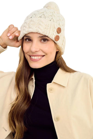 Aran Woollen Mills Decorative Button Multi Cable Bobble Hat Classic Aran