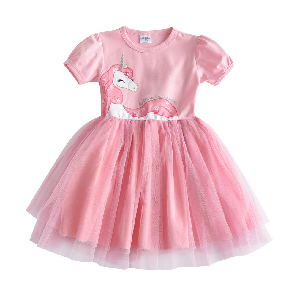 DXTON Toddler Summer Dresses Casual Short Sleeve Girl Tutu Party Dresses SH4570-10T Pink