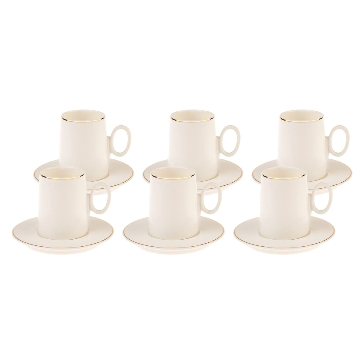 Karaca Snow Coffee Cup Set of 6 - Cream Espresso Cups with Saucers, 90 ml 12 Piece Porcelain Coffee Cups with Gold Handles, Ideal for Serving Coffee, Latte, Tea, Espresso, and Cappuccino