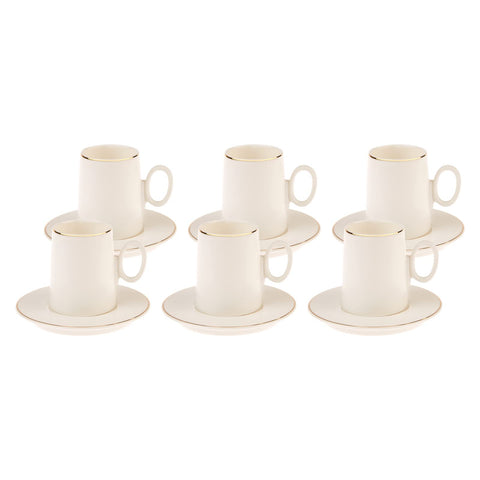 Karaca Snow Coffee Cup Set of 6 - Cream Espresso Cups with Saucers, 90 ml 12 Piece Porcelain Coffee Cups with Gold Handles, Ideal for Serving Coffee, Latte, Tea, Espresso, and Cappuccino