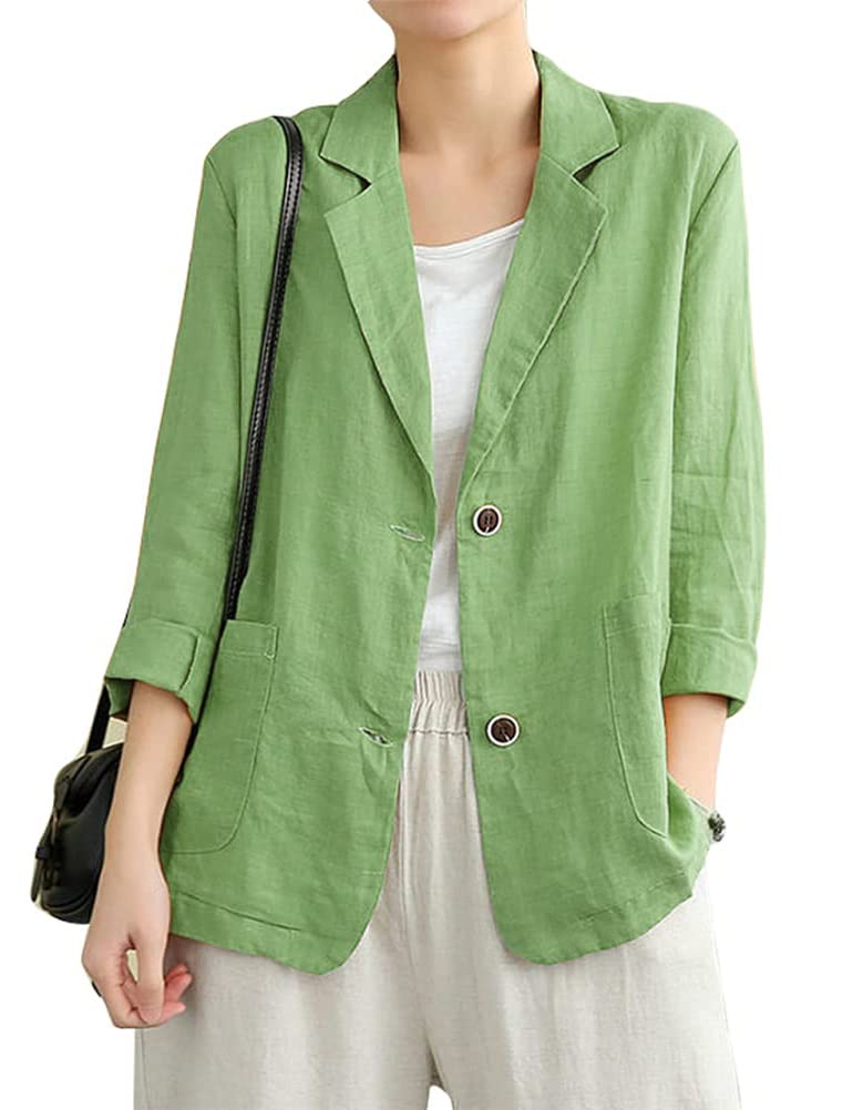 Green Spring Jackets Summer Blazer for Women Cotton Linen Clothes Outfits 2023, Green, S