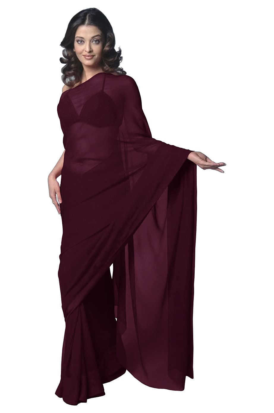 themilestocks Women Bollywood Chiffon Plain Sari Festival Uniform Saree Wrap Fabric Unstitched Blouse Piece Party Wear (Wine) One Size