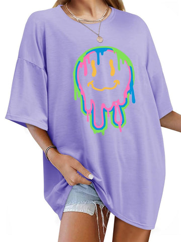 WIEIYM Women Oversized T Shirt Baggy T Shirts Loose Fit Summer Tee Crew Neck Casual Short Sleeve Tops Printed with Funny Face Graphic A-Purple