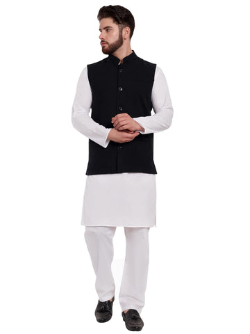 SKAVIJ Mens Classic Nehru Jacket Plain Handmade Cotton Solid Design Hip length Kurta Pajama With Waistcoat (X-Large,Black)