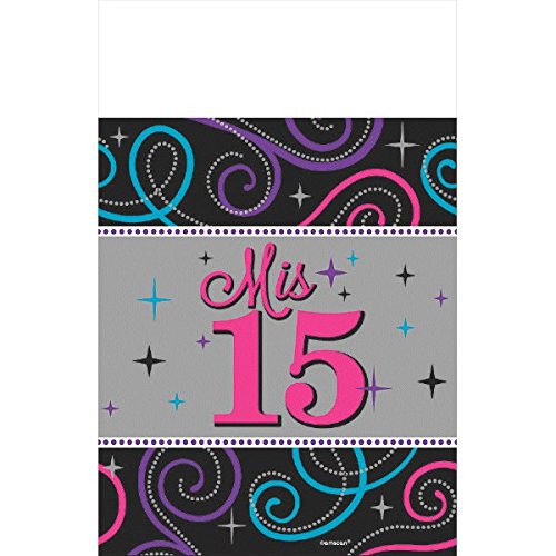 Amscan Elegant Mis Quince AÃƒÆ’Ã†â€™Ãƒâ€šÃ‚Â±os Birthday Party Plastic Table Cover Tableware Decoration (1 Piece), Black/Gray, 54" x 102".