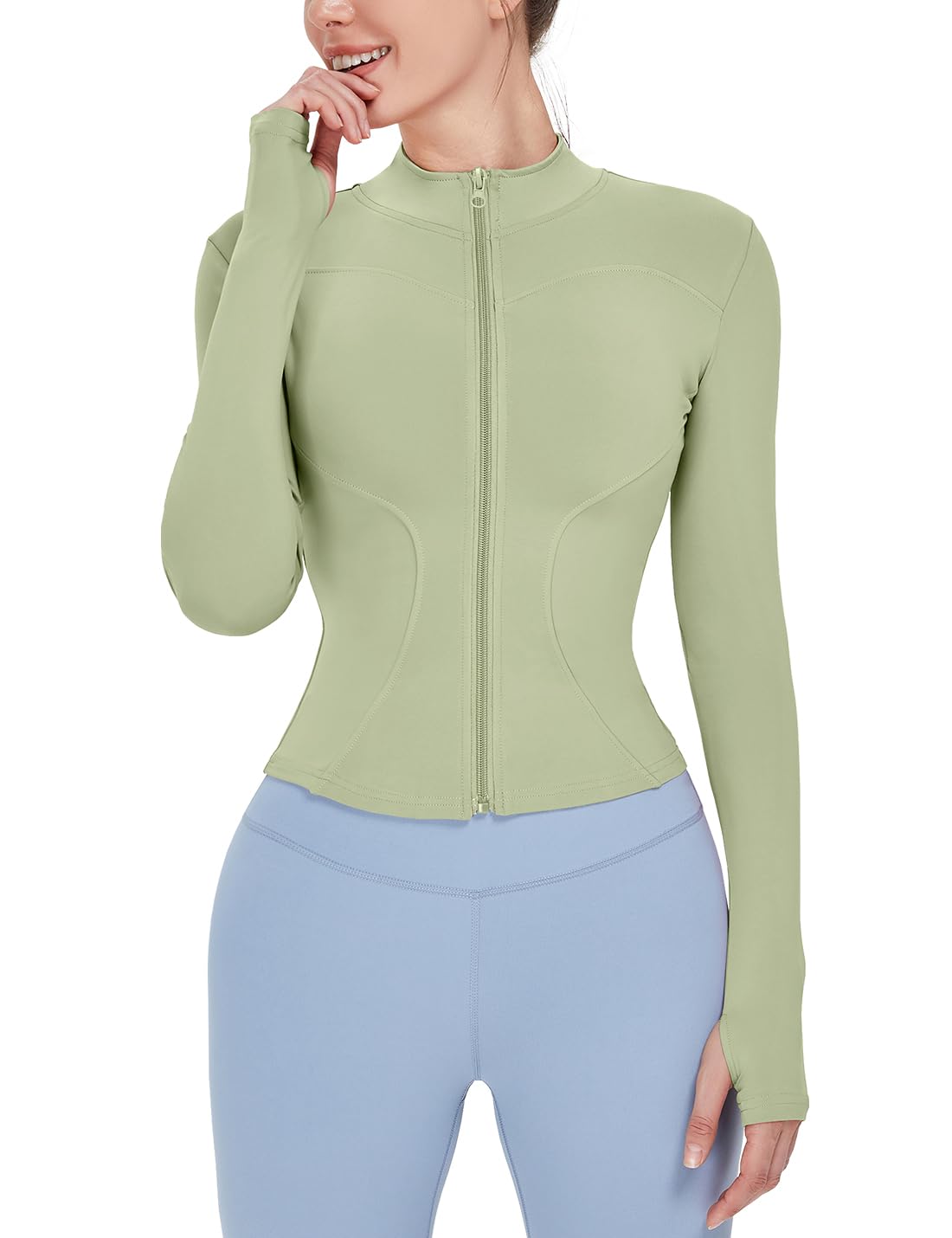 Locachy Women's Lightweight Stretchy Workout Full Zip Running Track Jacket with Thumb Holes Light Green M