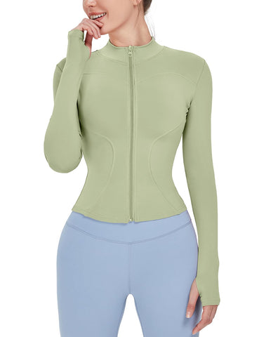 Locachy Women's Lightweight Stretchy Workout Full Zip Running Track Jacket with Thumb Holes Light Green M