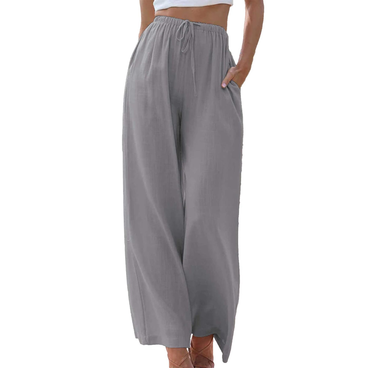 Duyang Womens Cotton Linen Palazzo Pants Drawstring Elastic Waist Casual Wide Leg Trousers with Pockets, Gray, XL