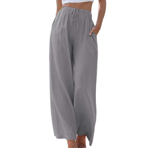 Duyang Womens Cotton Linen Palazzo Pants Drawstring Elastic Waist Casual Wide Leg Trousers with Pockets, Gray, XL