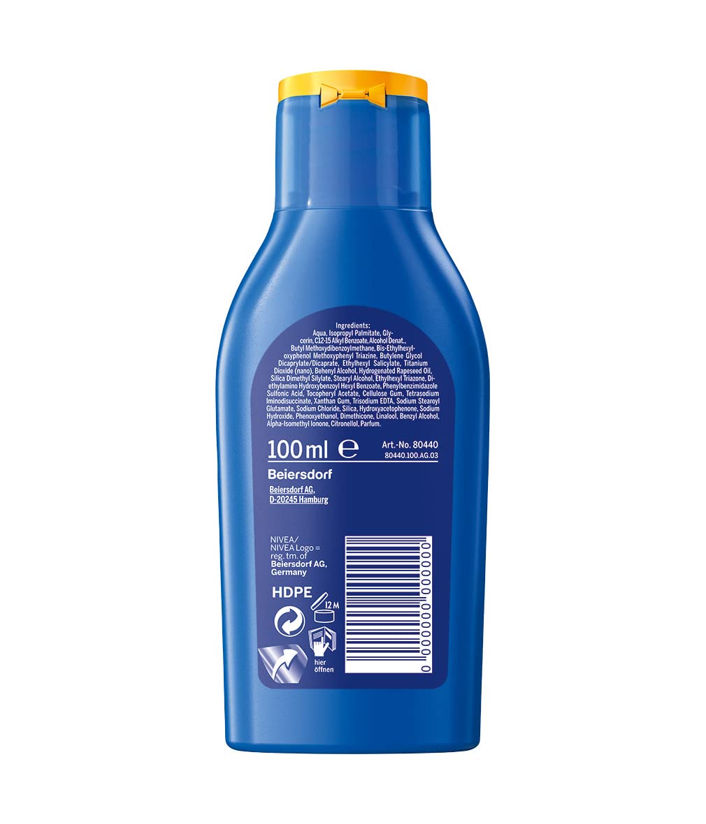 NIVEA SUN Protection & Care Sun Lotion in 1 Pack (1 x 100 ml Travel Size), Moisturising Sun Lotion with SPF 30, Waterproof Sun Lotion