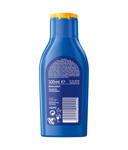 NIVEA SUN Protection & Care Sun Lotion in 1 Pack (1 x 100 ml Travel Size), Moisturising Sun Lotion with SPF 30, Waterproof Sun Lotion