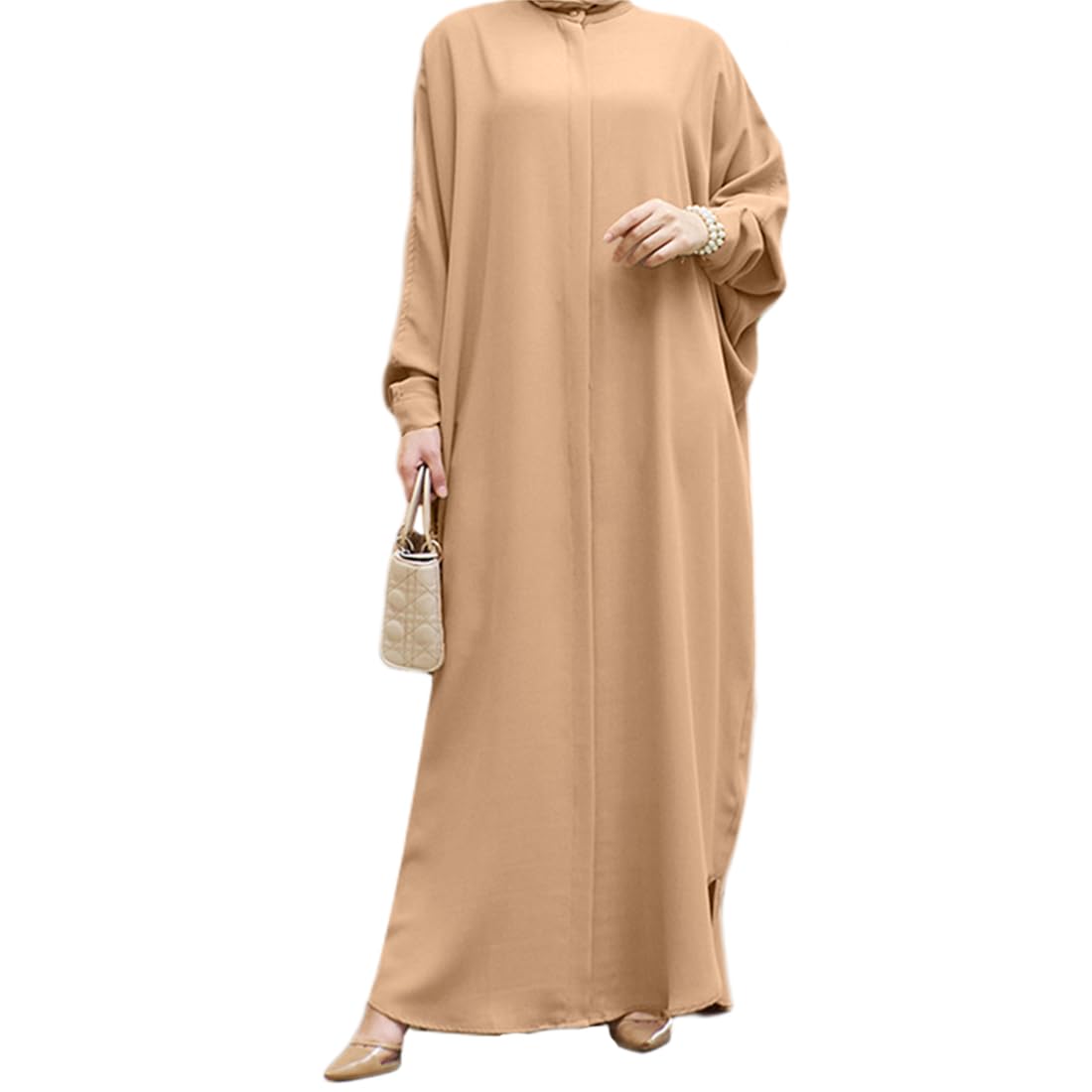 OBEEII Muslim Dress for Women Batwing Long Sleeve Henley Shirt Prayer Abaya Dress Full Cover Long Kaftan Dubai Islamic Ramadan Casual Modest Dress Khaki One Size