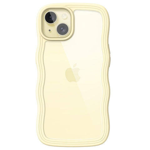 JETech Cute Case for iPhone 15 6.1-Inch, Wave Frame Curly Shape Shockproof Phone Cover for Women and Girls, Clear Hard PC Back (Yellow)