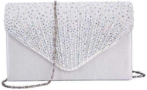 Women Diamante Envelope Clutch Bag Evening Handbag Purse Wedding, Bridal, Prom, Party Shoulder Bag (Silver)
