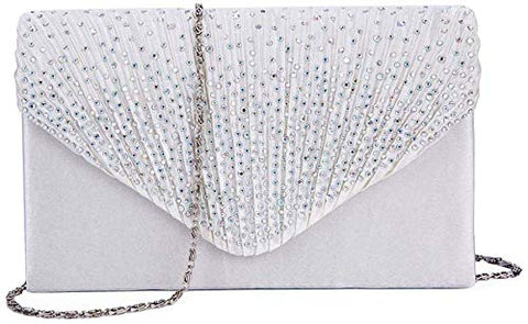 Women Diamante Envelope Clutch Bag Evening Handbag Purse Wedding, Bridal, Prom, Party Shoulder Bag (Silver)
