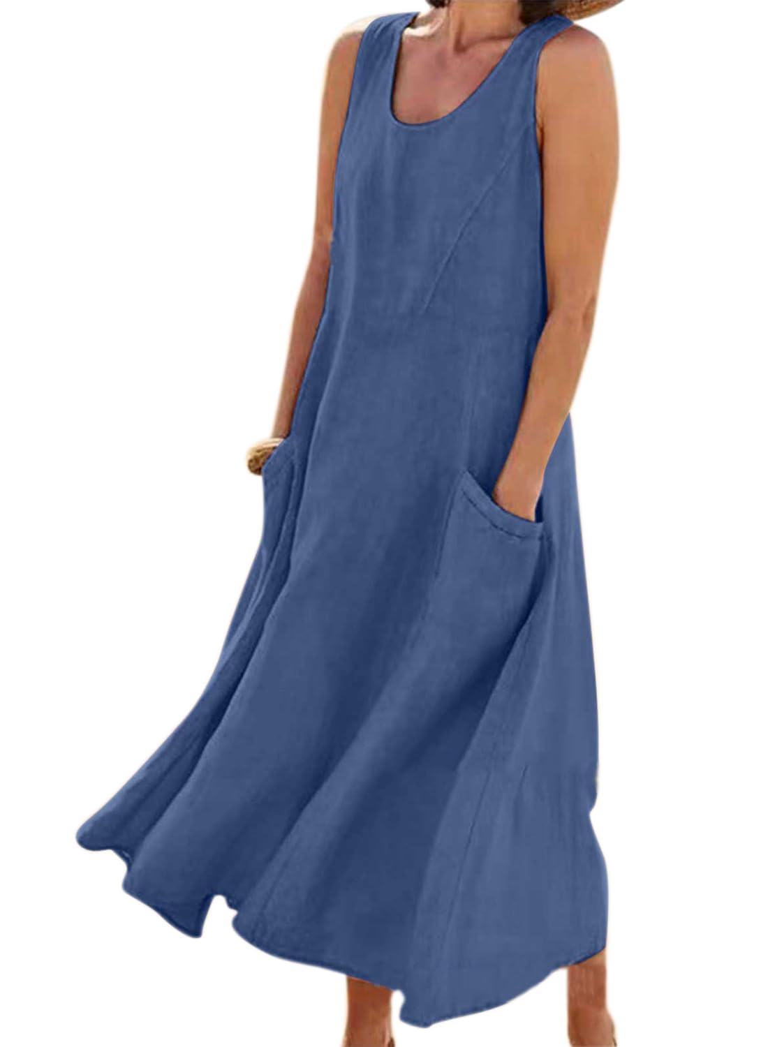 yoeasy Women's Cotton Linen Casual Loose Pockets Long Dress Plain Sleeveless Tank Dress, Blue, M