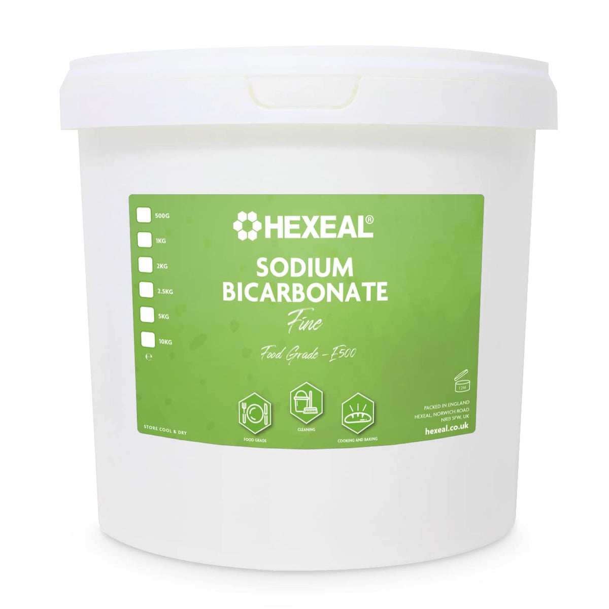 Hexeal 2.5kg Sodium Bicarbonate - 2.5kg Bucket of Food Grade Baking Soda for Cooking, Baking, Home Cleaning & Bath Bombs - Fine Powder, Deodorises & Removes Grime - FCC E500