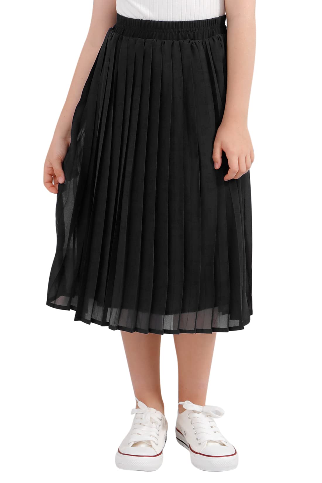 GORLYA Girls Chiffon Pleated Elastic High Waist A-Line Boho Swing Maxi Long Skirt 4-14T, Black, 4 Years