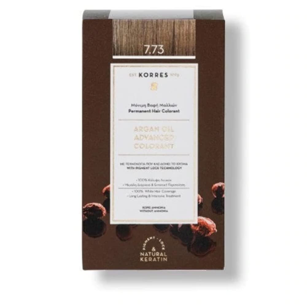 KORRES Argan Oil Colorant - Amonia-Free Hair Colour Golden Moca 7.73-100% Grey Hair Coverage & Vegan for a Long-Lasting Colour Result