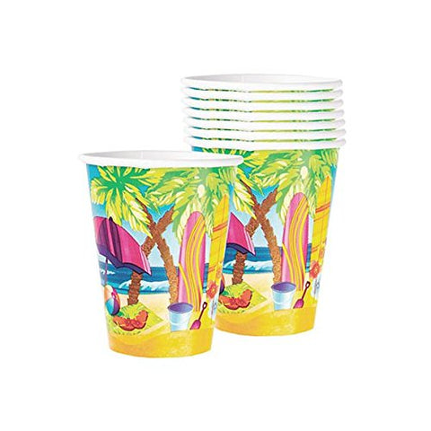 Surf's Up Paper Cups for Hot or Cold Drinks Hawaiian Summer Beach Party Disposable Picnic Drinkware, 9 oz., Pack of 8.