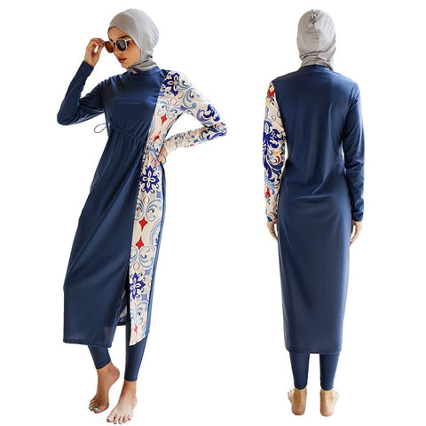 Muslim Swimsuits for Women: Modest Swimwear Islamic Long Sleeve Burkini Swimsuit Full Cover Hijab Swimming Cap Muslim Dress Top Pants Rash Guard 3 Piece Swim Set Bathing Suits Dark Blue Flower X-Large