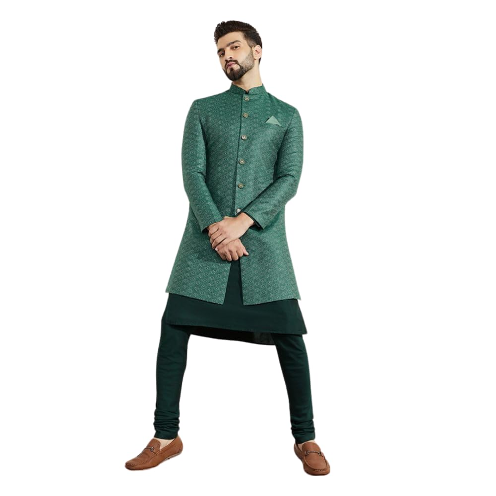 KISAH Men's Kurta Indo Western Sherwani Churidar Set, Green Silk Blend, Woven Design Regular Fit Mandarin Collar Long Sleeves, Green, L