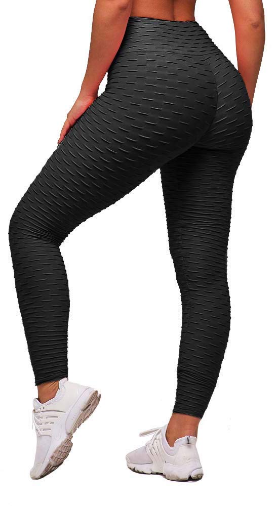 Memoryee Women's Honeycomb Waffle Leggings Ruched Butt Lift High Waisted Chic Sport Tummy Control Plus Size Workout Gym Yoga Stretchy Pants/Black/L