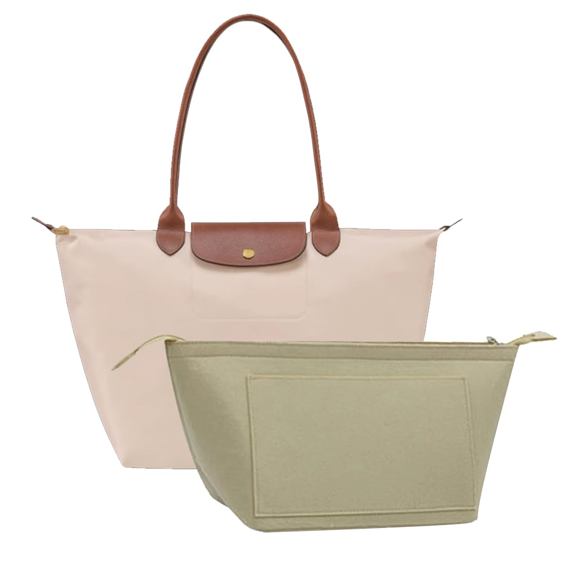 Chispee Purse Organizer Insert for Handbags, Felt Bag Organizer with Zipper Handbag Organizers for Longchamp Divider Pocket & Zipper Inner Bag Liner (Beige,M)