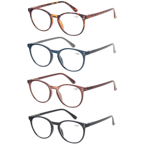 Kerecsen 4 Pack Retro Round Reading Glasses Men Women Spring Hinges Lightweight Quality Readers (0.75, 4 Pack Mix Color)