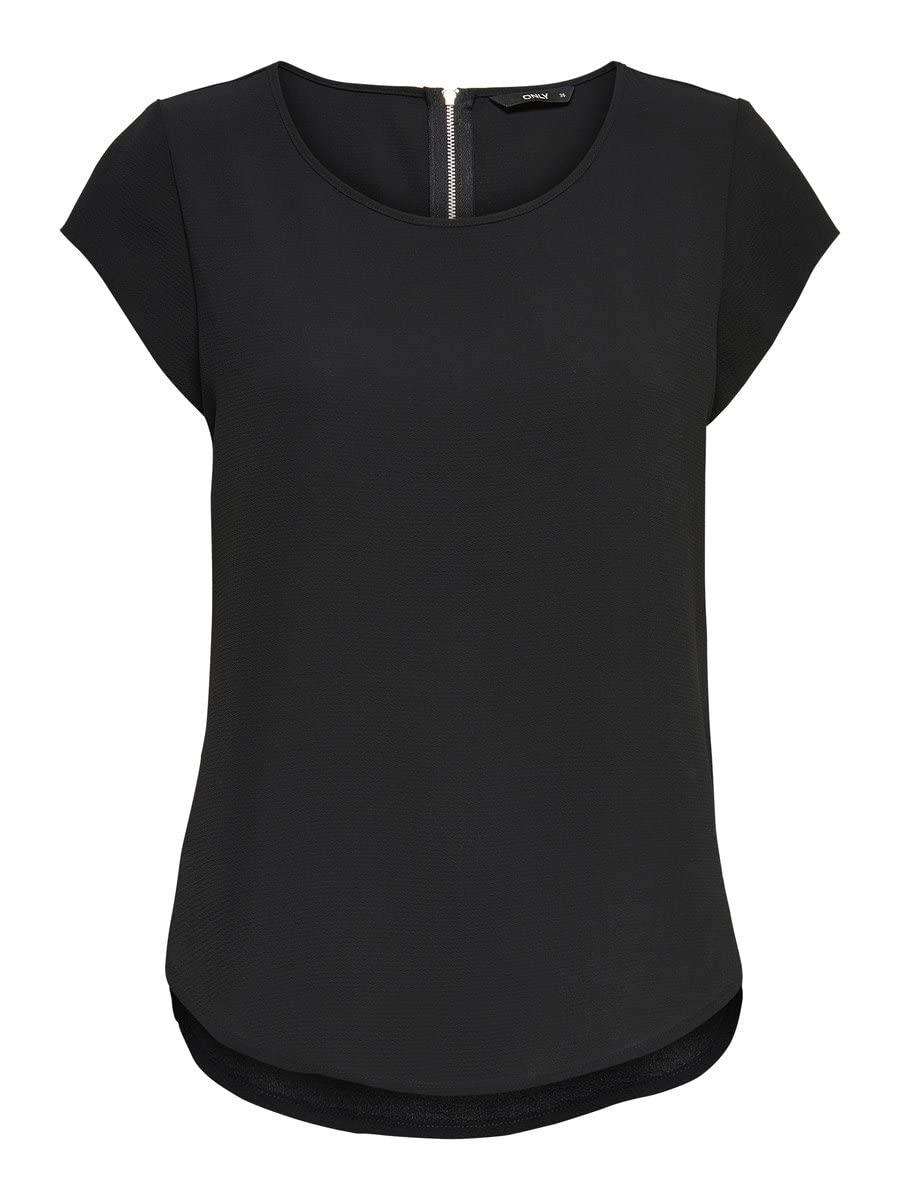 ONLY Women's Solid Short Sleeve Blouse, Basic Round Neck, T-Shirt Top, ONLVIC, Colours:Black, Size:42