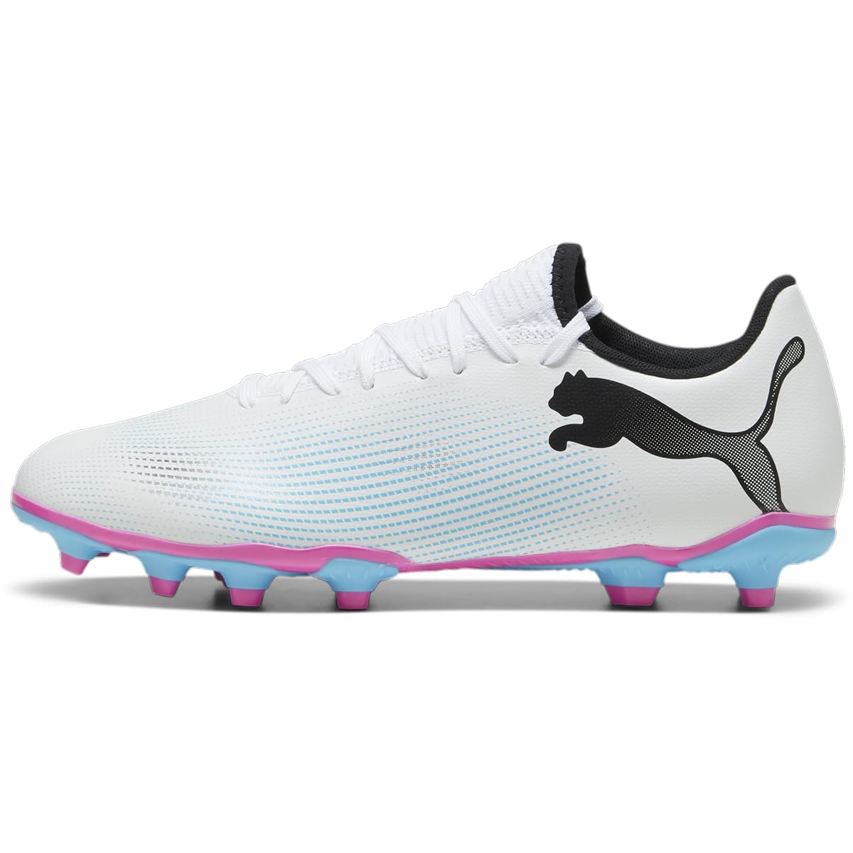 PUMA Mens Future 7 Play Firm, Artificial Ground Soccer Cleats, PUMA Mens White-PUMA Mens Black-Poison Pink, 10.5