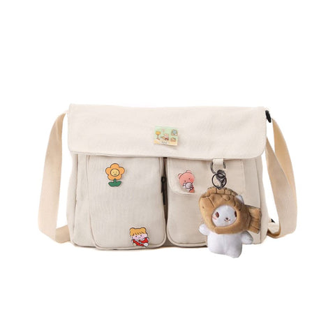 DKIIL NOIYB Kawaii Canvas Crossbody Bag With Kawaii Pins and Bear Pendent for Girls, Casual Kawaii Crossbody Bag Multi Pocket Shoulder Messenger Bag For School Teens