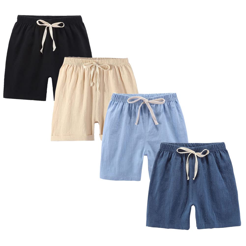 FedMois Boys' Summer Shorts Cotton, Pack of 4, Black Blue Beige and Dark Blue, 9 Years