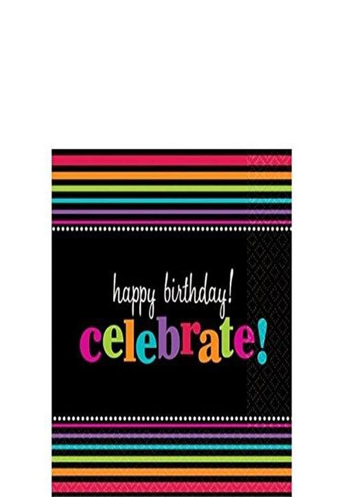 Party On Happy Birthday Striped Beverage Napkins , Pack of 16, Multi , 5" x 5" Tissue