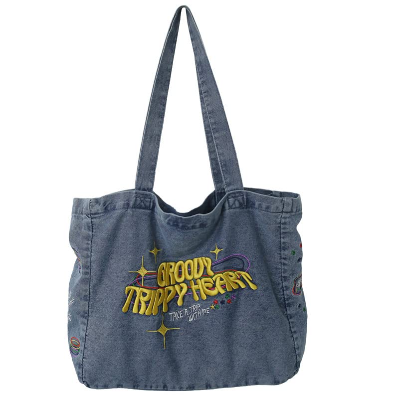 OATSBAS Crossbody Bags For Women Casual Denim Bags Embroidery Shoulder Bag Travel Zipper Handbag Tote Bag (Blue)