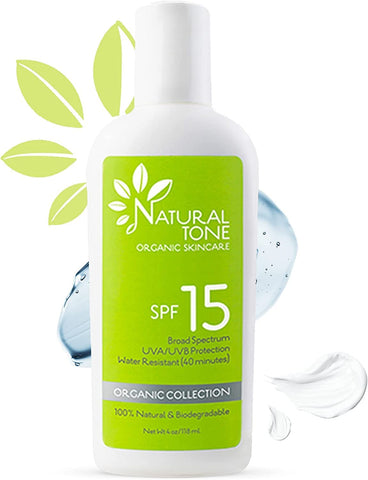 SPF15 Broad Spectrum Natural Sunscreen, Soothing & Hydrating Sunscreen Lotion, Plant-Based Sun Block, Water-Resistant Sun Screen Protector for Face and Body, 4oz - Natural Tone Organic Skincare