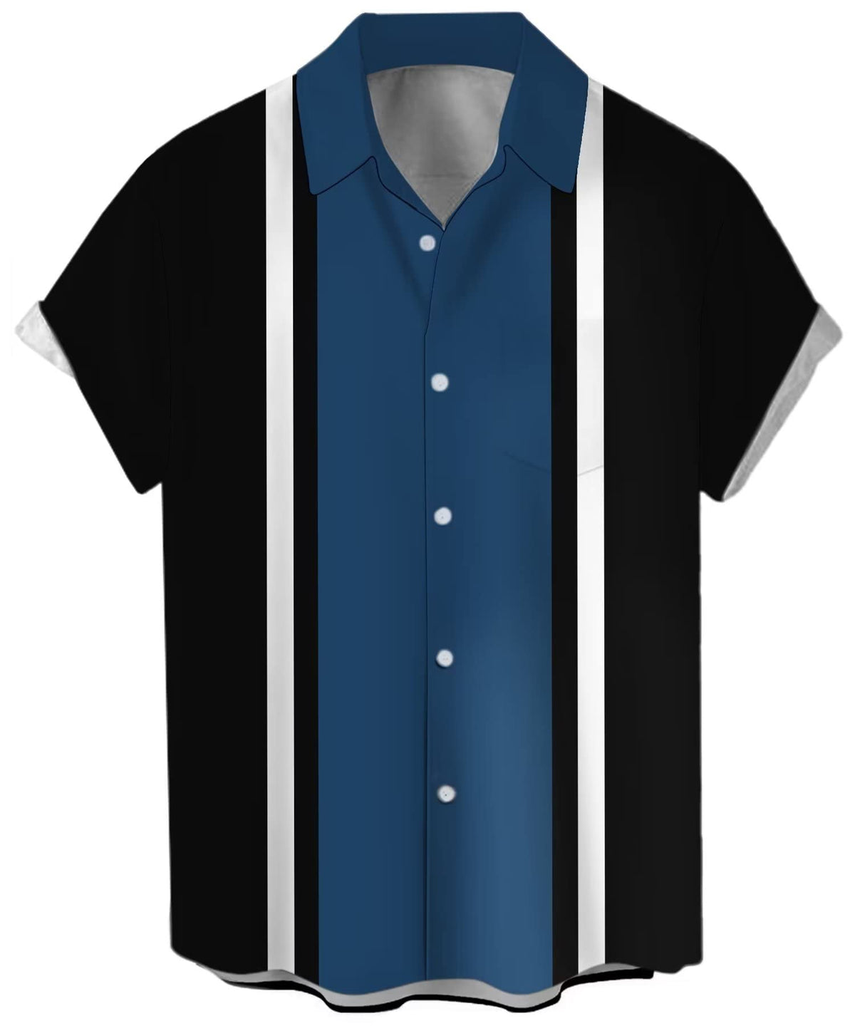 Men's Vintage Bowling Shirt 1950s Retro Short Sleeve Button Down Shirts, Blue Black Stripe, Large