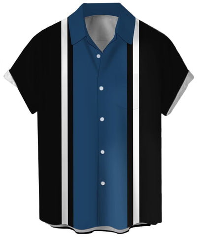Men's Vintage Bowling Shirt 1950s Retro Short Sleeve Button Down Shirts, Blue Black Stripe, Large