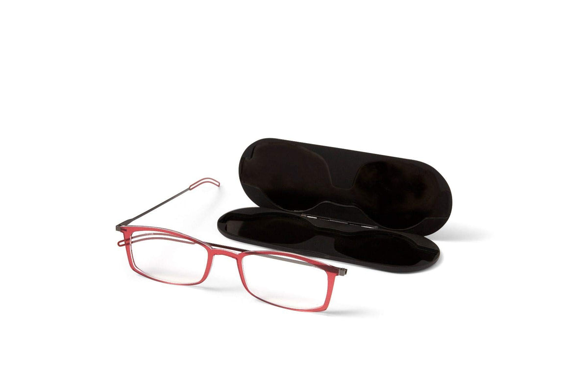 ThinOptics Brooklyn Reading Glasses 1.50 Rectangular Red Frames With Milano Magnetic Case - Thin Lightweight Compact Readers 1.50 Strength