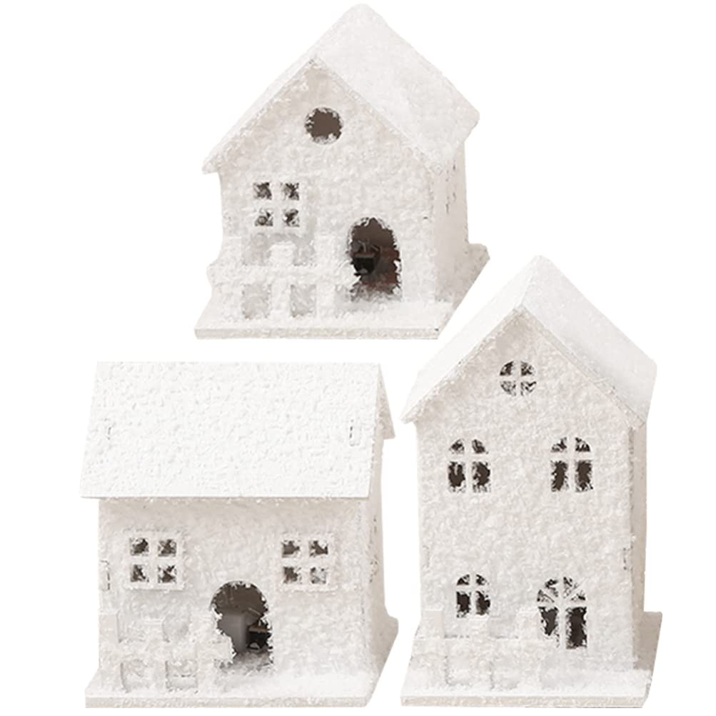 TOYANDONA Christmas Village Houses White, 3Pcs LED Lighted Christmas Village Houses Wooden Xmas Snow Village Houses for Tabletop Mantle Decor Christmas Collectible Buildings