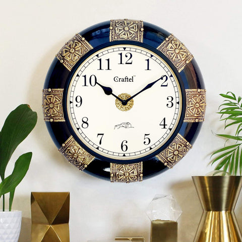 Craftel 12 Inch Antique Brass Fitted Black Polished Decorative Wall Clock with Brass Circle in The Dial and Dome Glass for Home and Living Room (Antique Gold, Dial: 8 Inch)