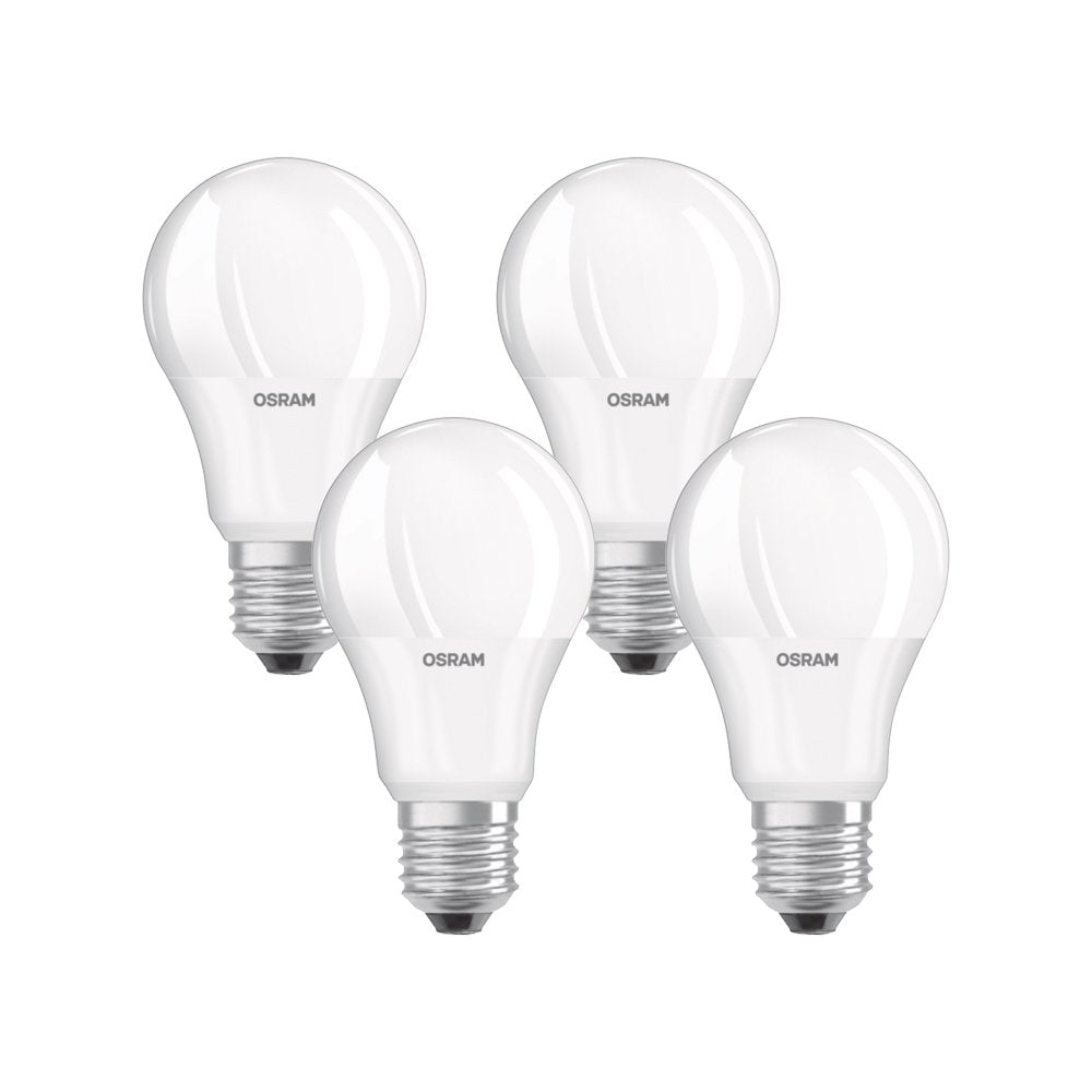 Osram LED Base Classic A Lamp, Bulb-Shaped With E27 Socket, Not Dimmable, Replacement For 60 W Incandescent Lamp, Matt, Warm White, 2700 Kelvin, Pack Of 4