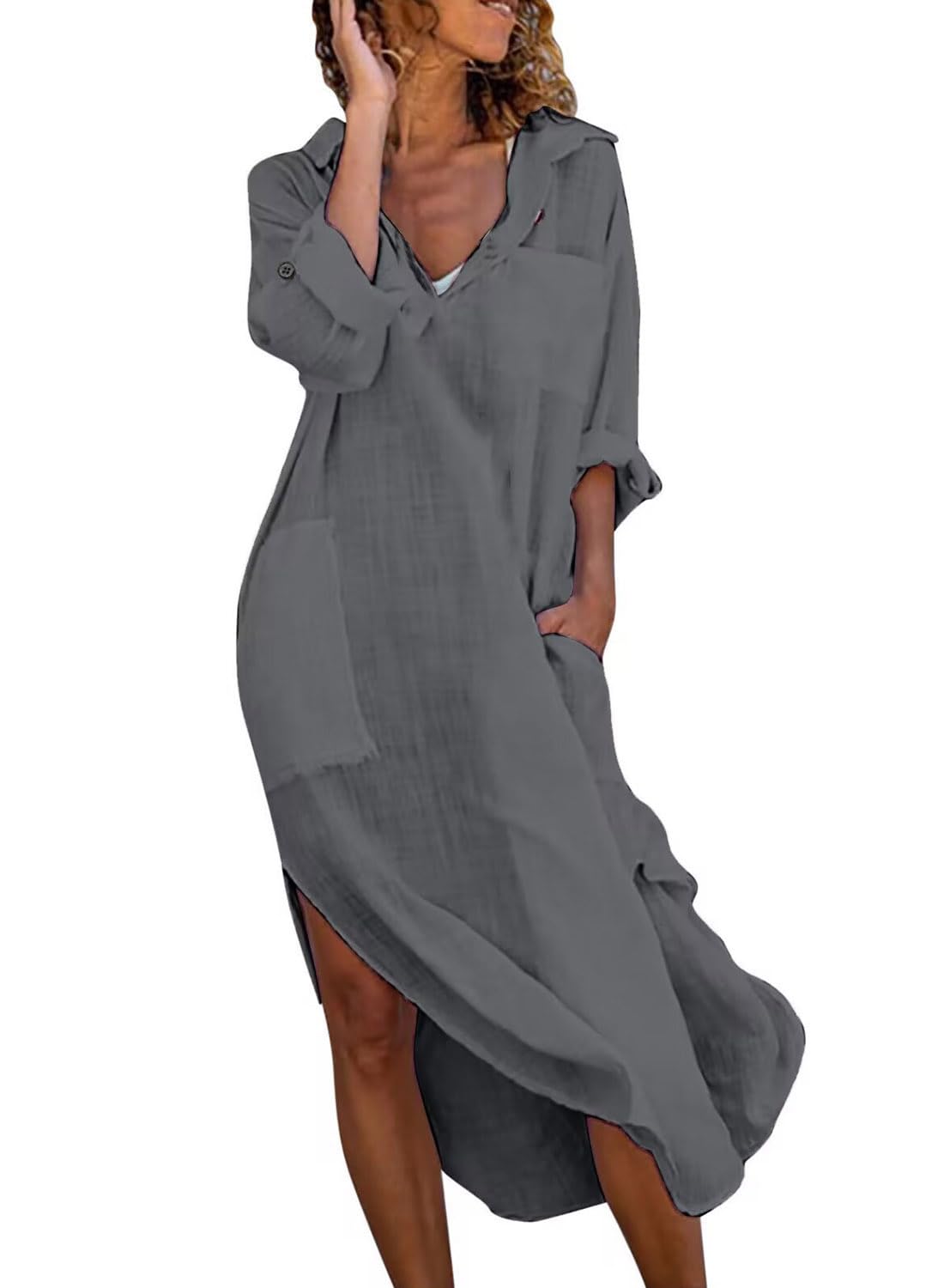 utcoco Womens Casual Loose Cotton Linen Long Shirt Dress Lapel Button Cuffed Sleeve Side Split Dresses with Pockets (Large, Dark Grey)